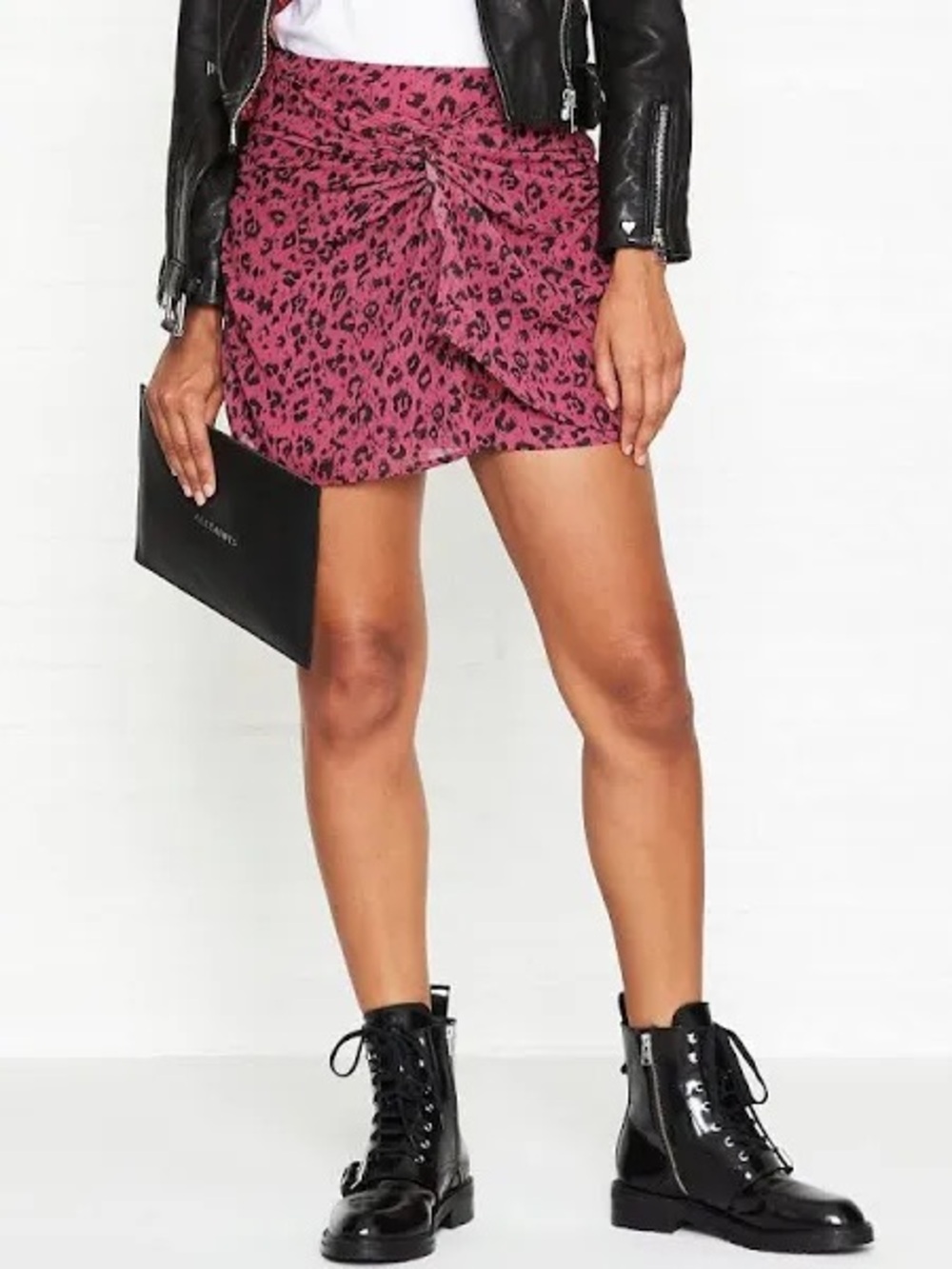 AllSaints Pink Rylie Roar Leopard Twist-Front Mini Skirt